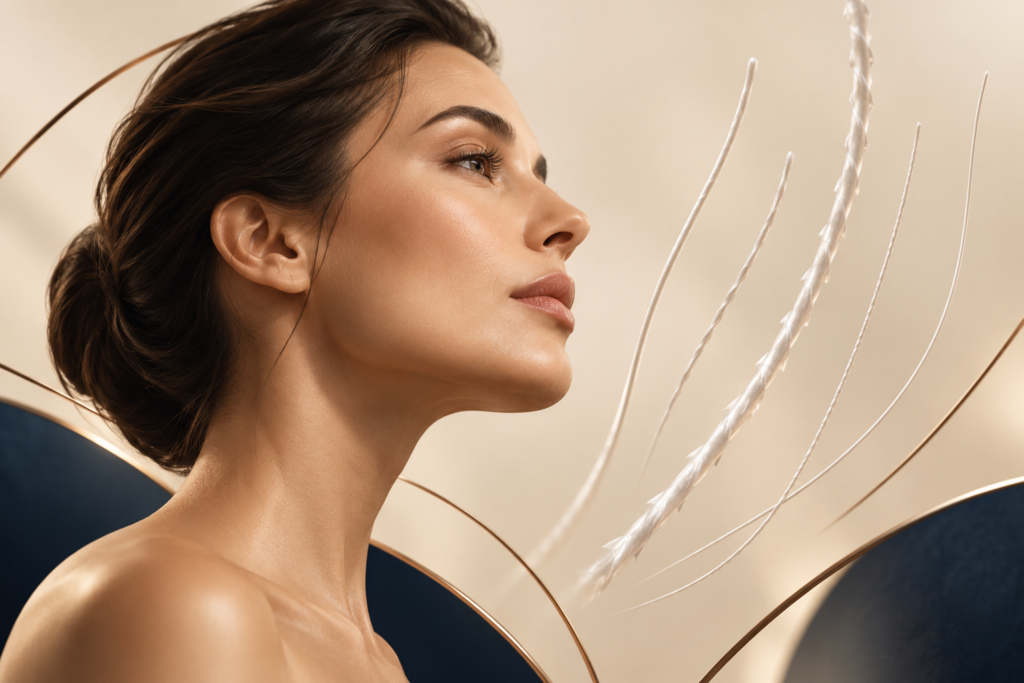 Ilustração conceitual de perfil facial e fios finos de PDO