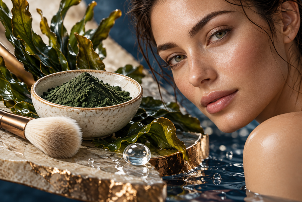 Ilustração editorial de peeling herbal com algas, pó vegetal, pincel e rosto adulto