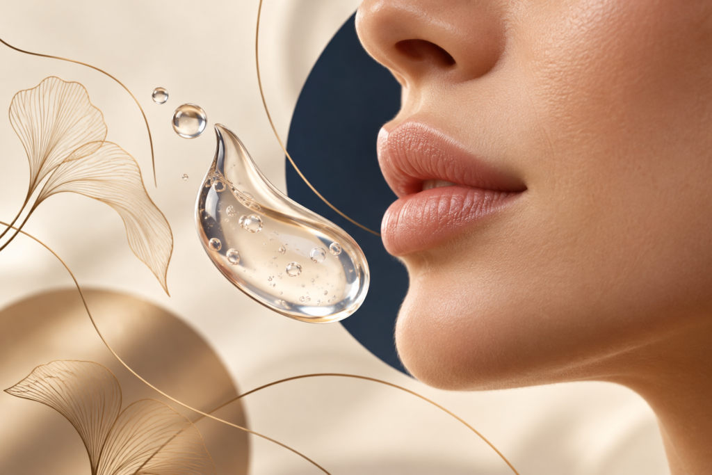 Ilustração editorial de lábios naturais e gota de gel