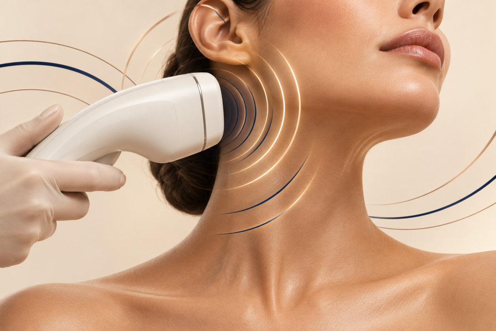 Ilustração conceitual de ultrassom estético com aplicador genérico e ondas